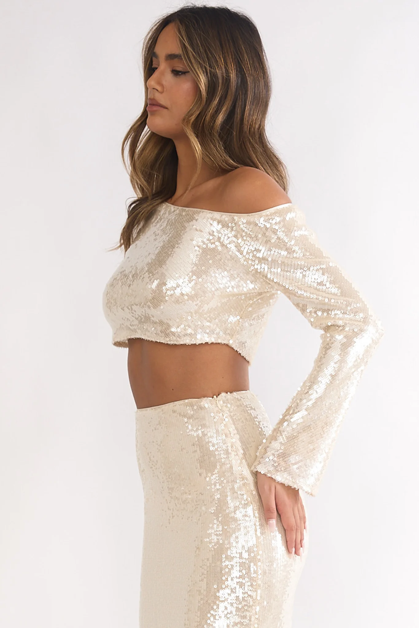 Crystalline Asymmetric Neckline Crop Top Sequin Champagne - Image 6
