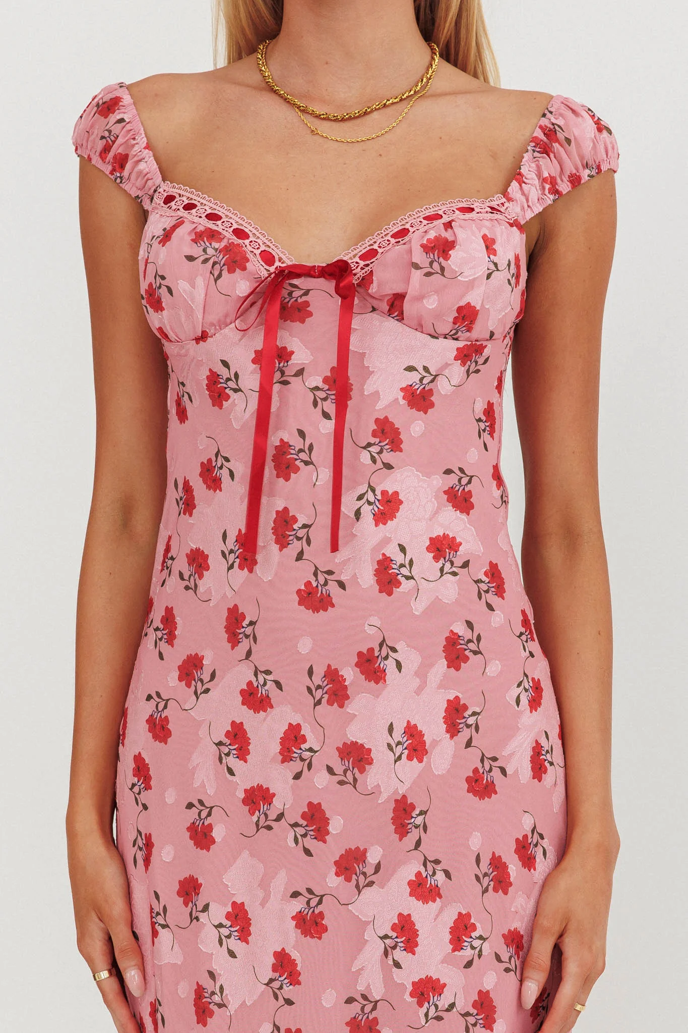 Femme Belle Ribbon Trim Maxi Dress Floral Pink - Image 3