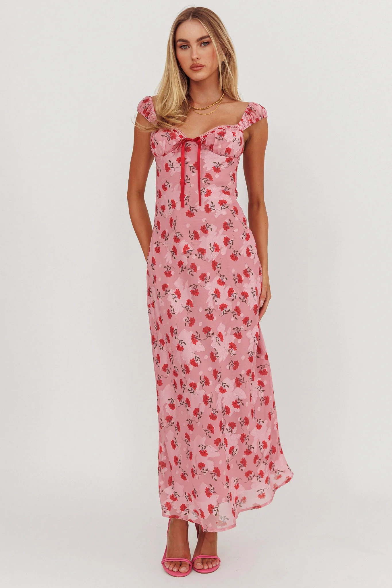 Femme Belle Ribbon Trim Maxi Dress Floral Pink - Image 4