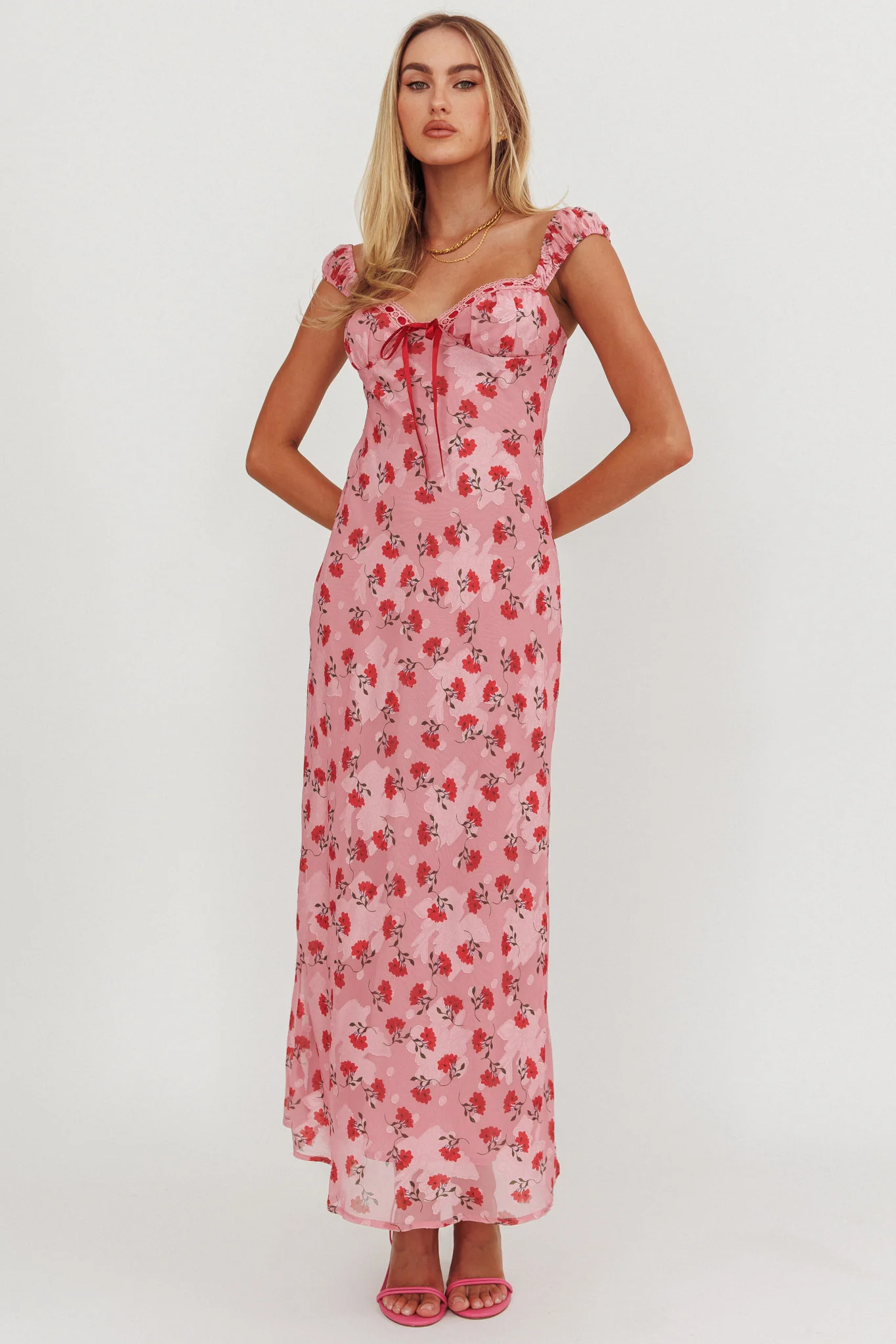Femme Belle Ribbon Trim Maxi Dress Floral Pink - Image 5