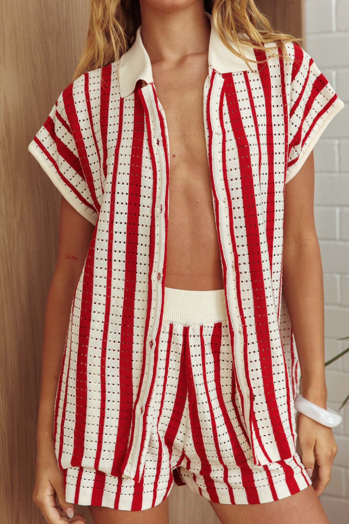 Influence Short Sleeve Knit Shirt Striped Red - Image 4