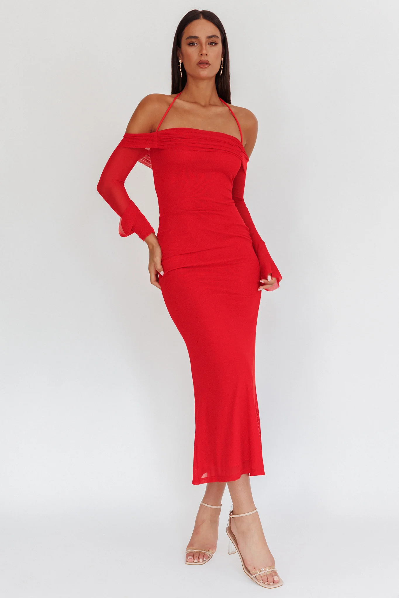 Numbers Game Off-Shoulder Halter Maxi Dress Red - Image 4
