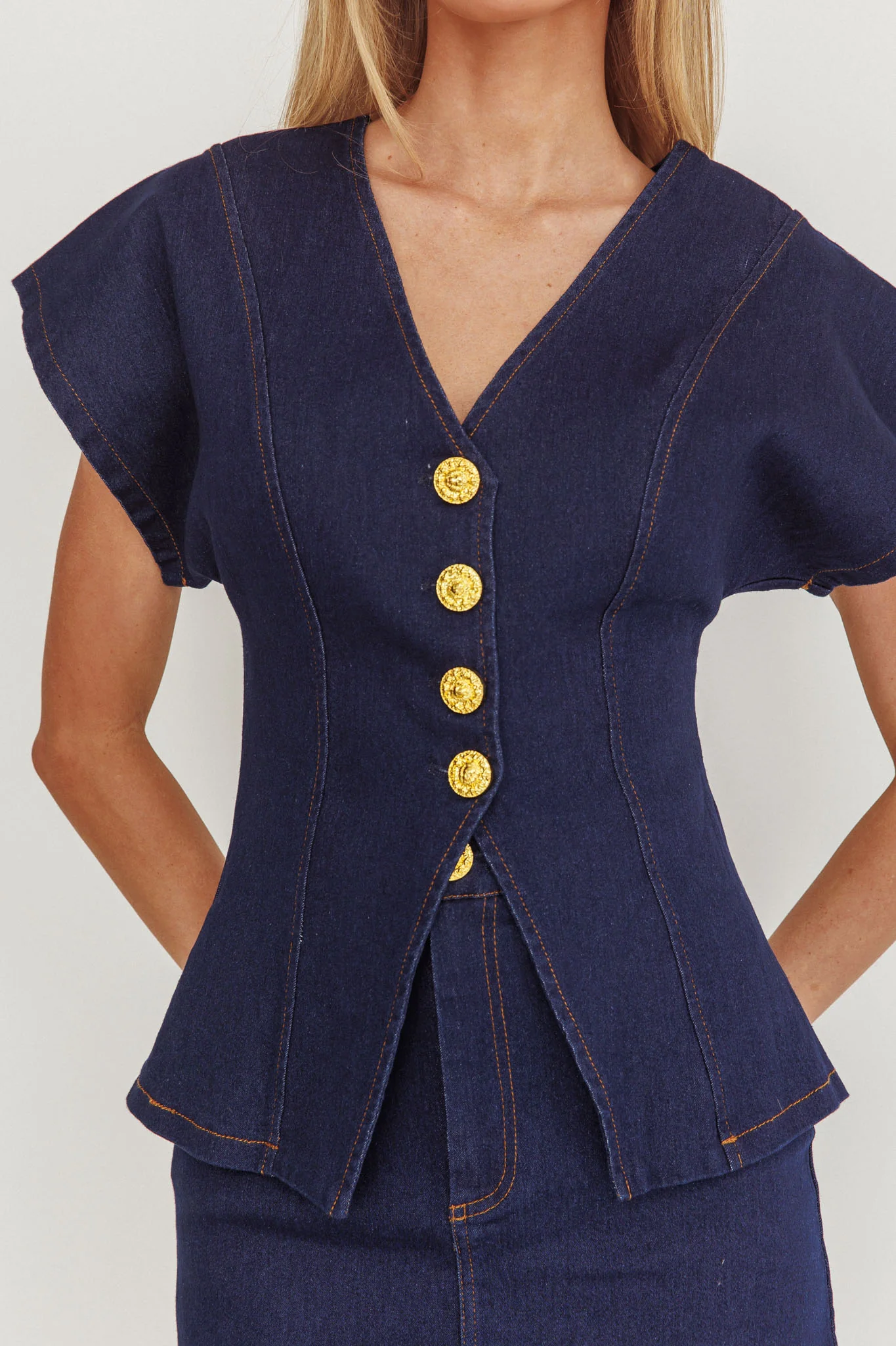 Over It Short Sleeve Button Top Denim - Image 3