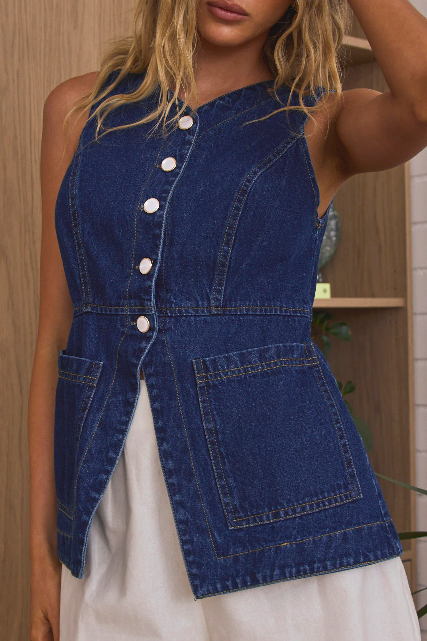 Philomena Button Front Vest Top Indigo - Image 5