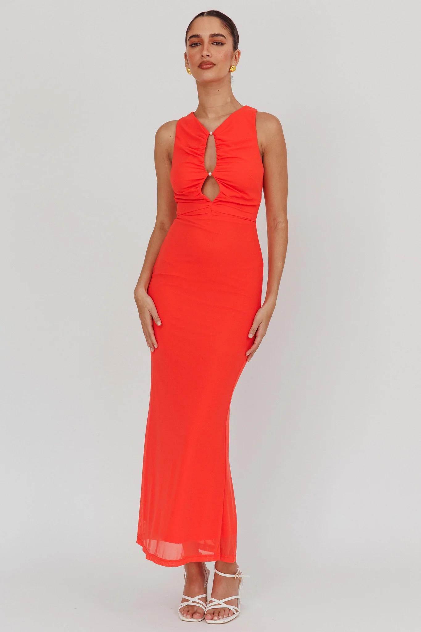 Piece Of Heaven Sleeveless Keyhole Mesh Maxi Dress Red - Image 4