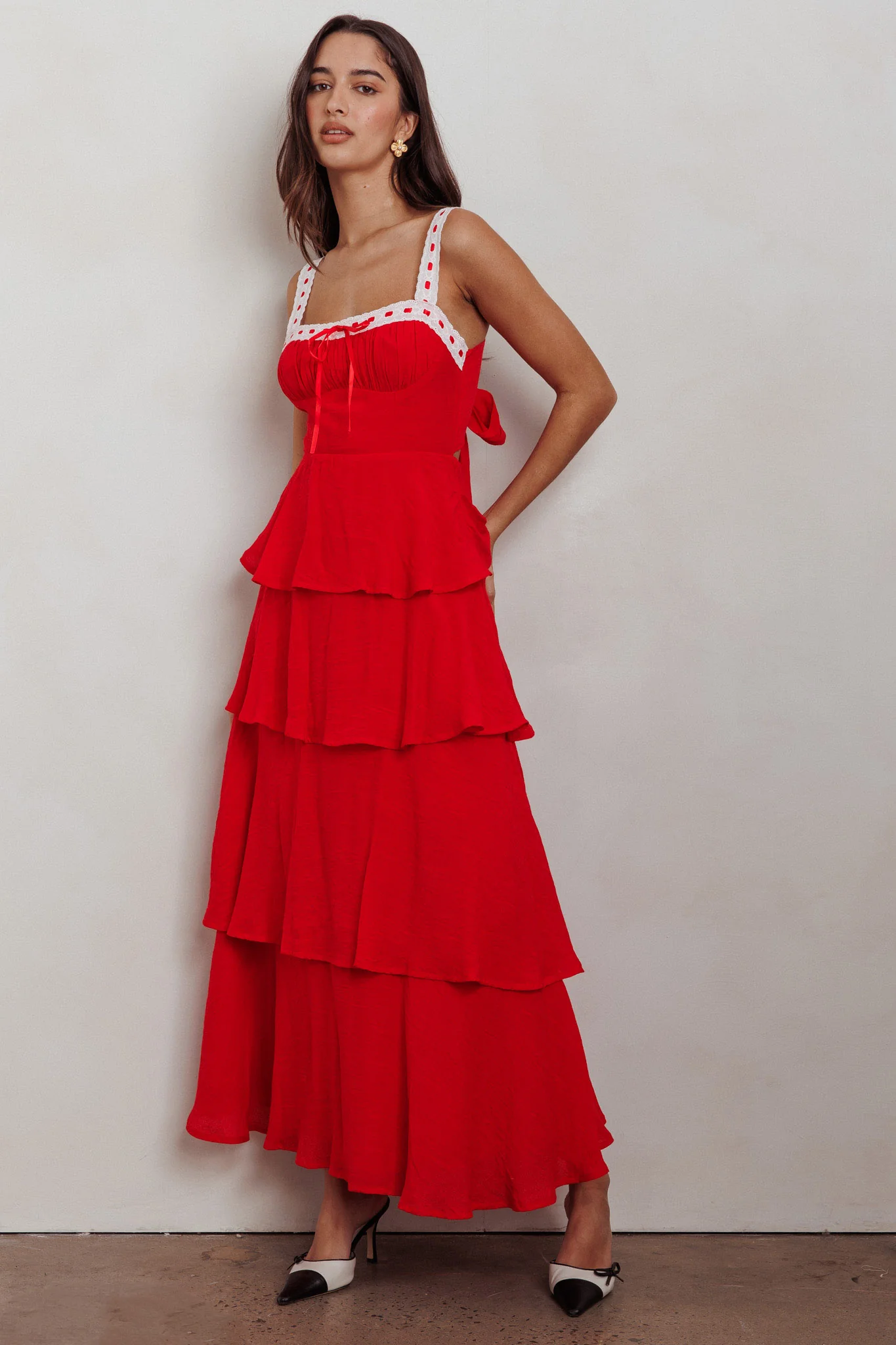 Provence Bloom Tiered Ruffle Maxi Dress Red - Image 4