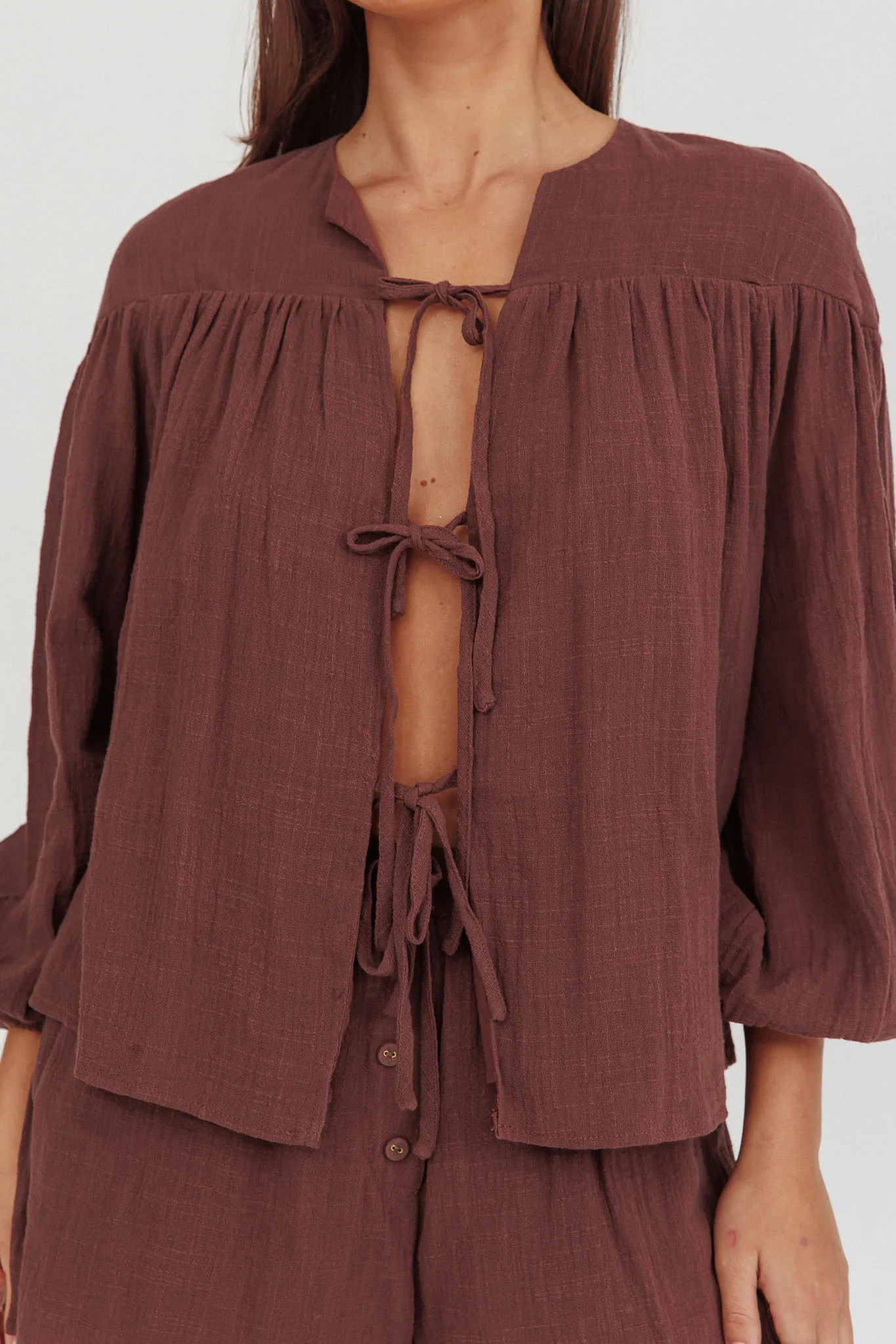 Salty Sea Tie Front Blouse Top Chocolate - Image 3