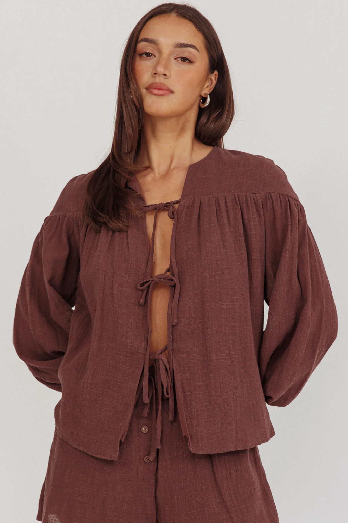 Salty Sea Tie Front Blouse Top Chocolate - Image 5