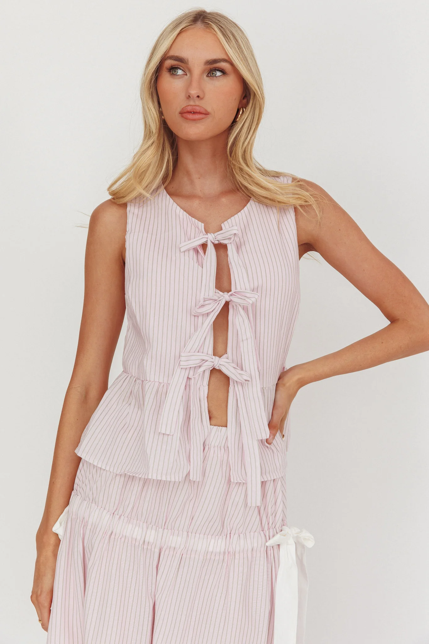 Salty Sea Tie Front Sleeveless Top Stripe Blush - Image 5