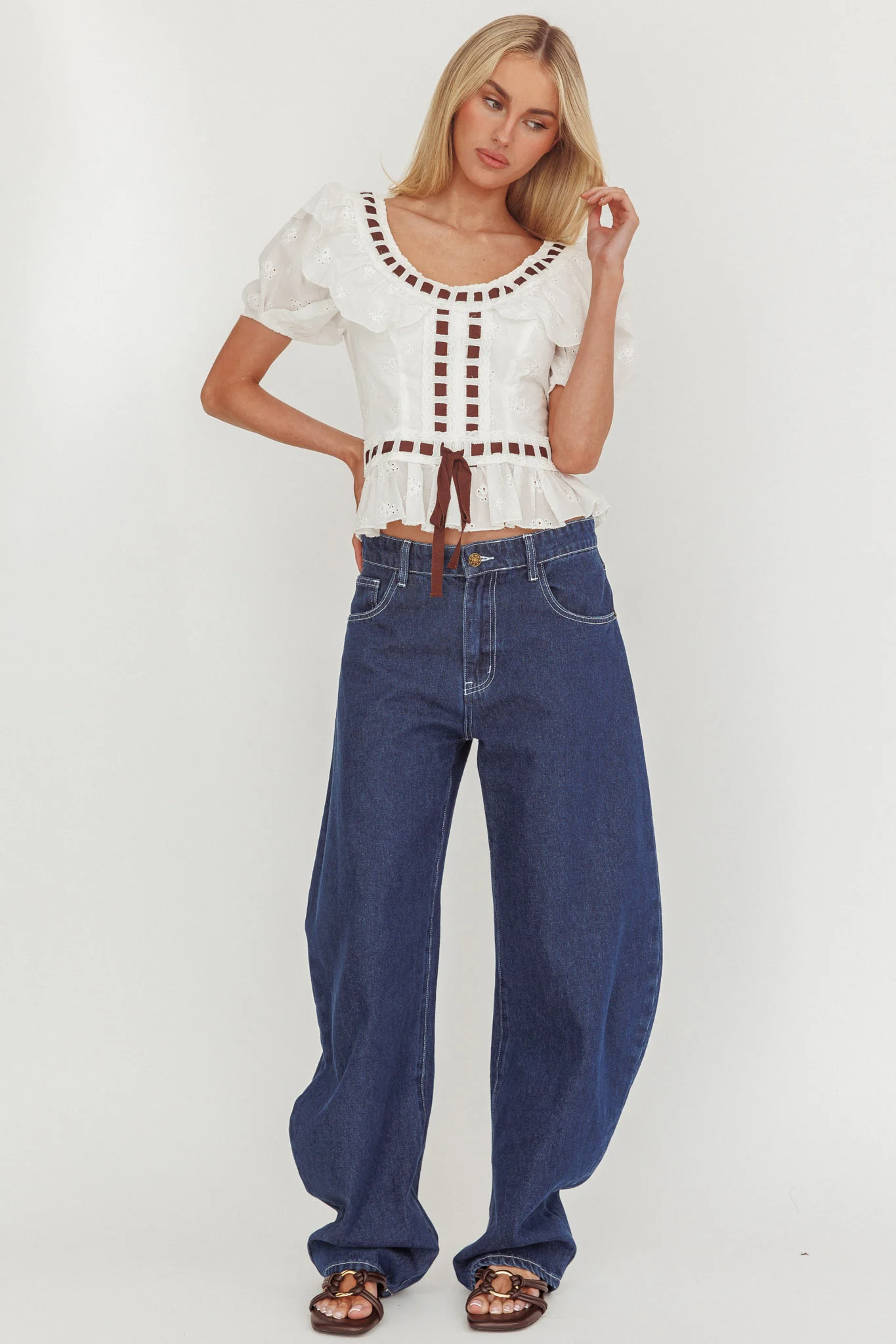 Solea Frill Collar Eyelet Top White - Image 4