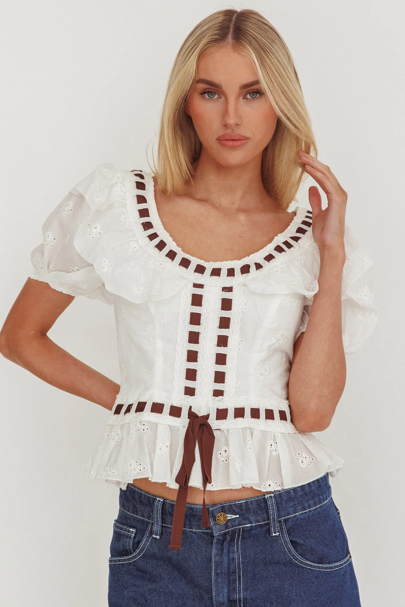 Solea Frill Collar Eyelet Top White - Image 5