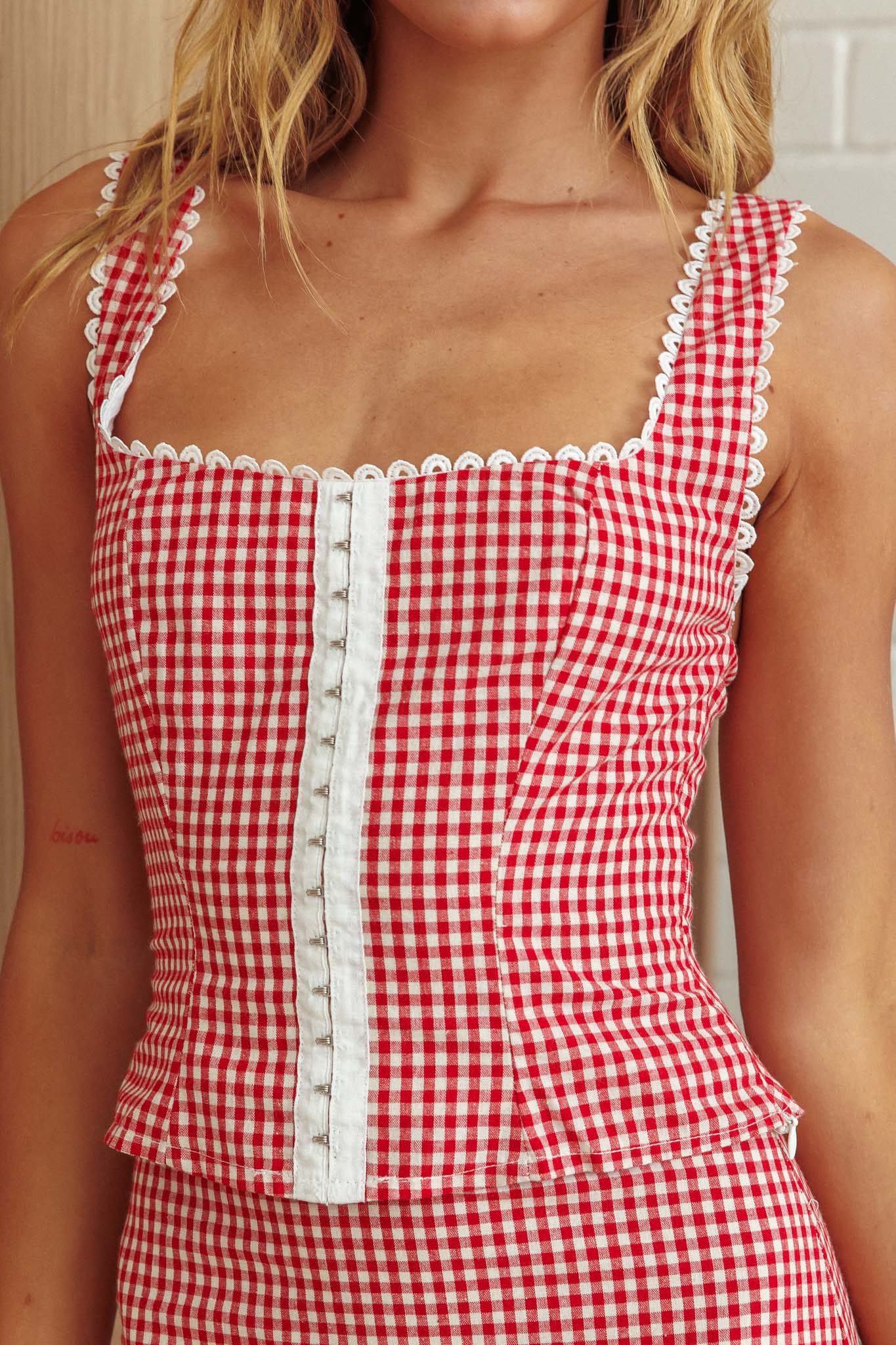Summer Cottage Lace Trim Top Red Check - Image 4