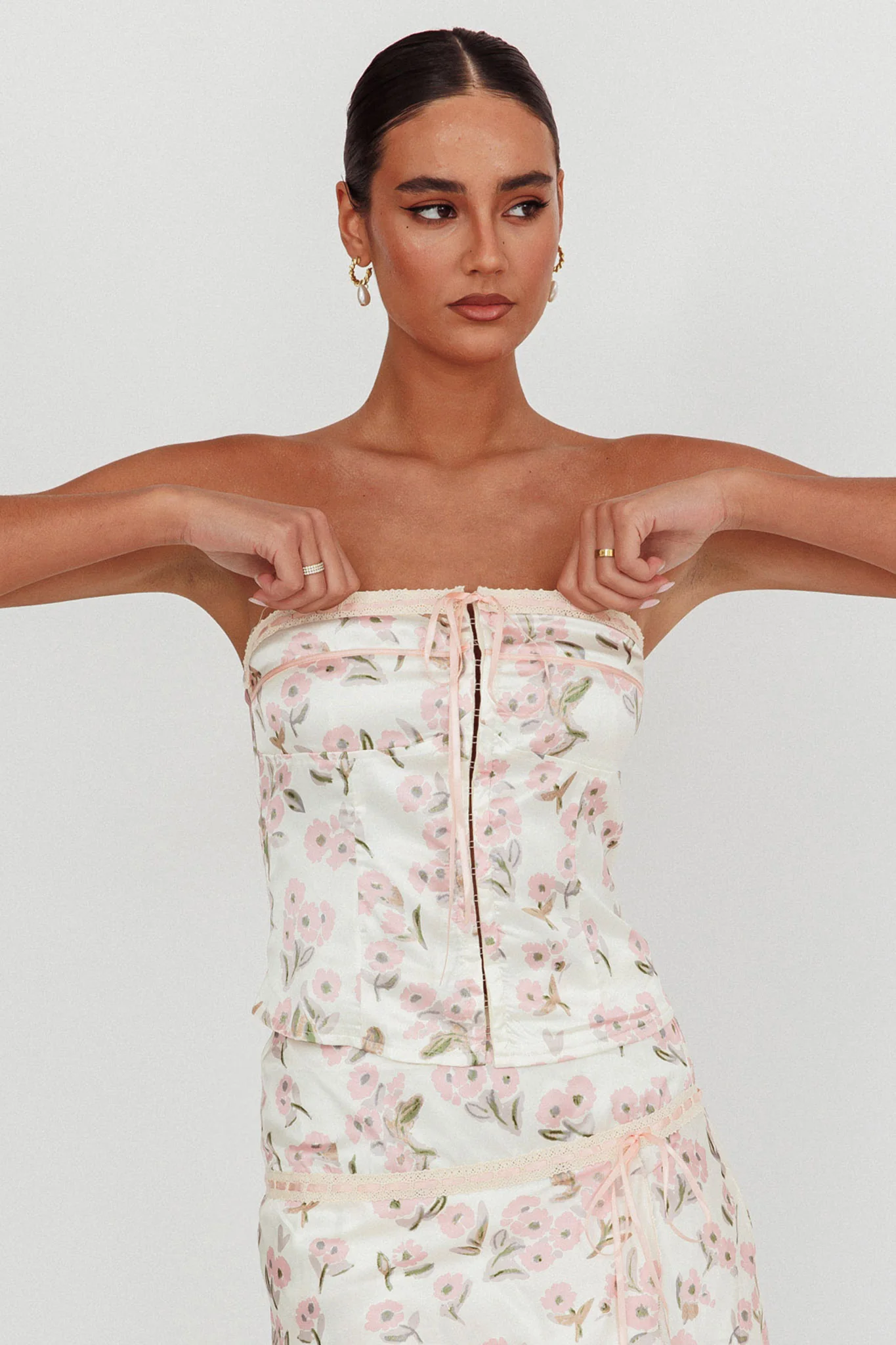 Tiya Strapless Ribbon Top Floral Pink - Image 6