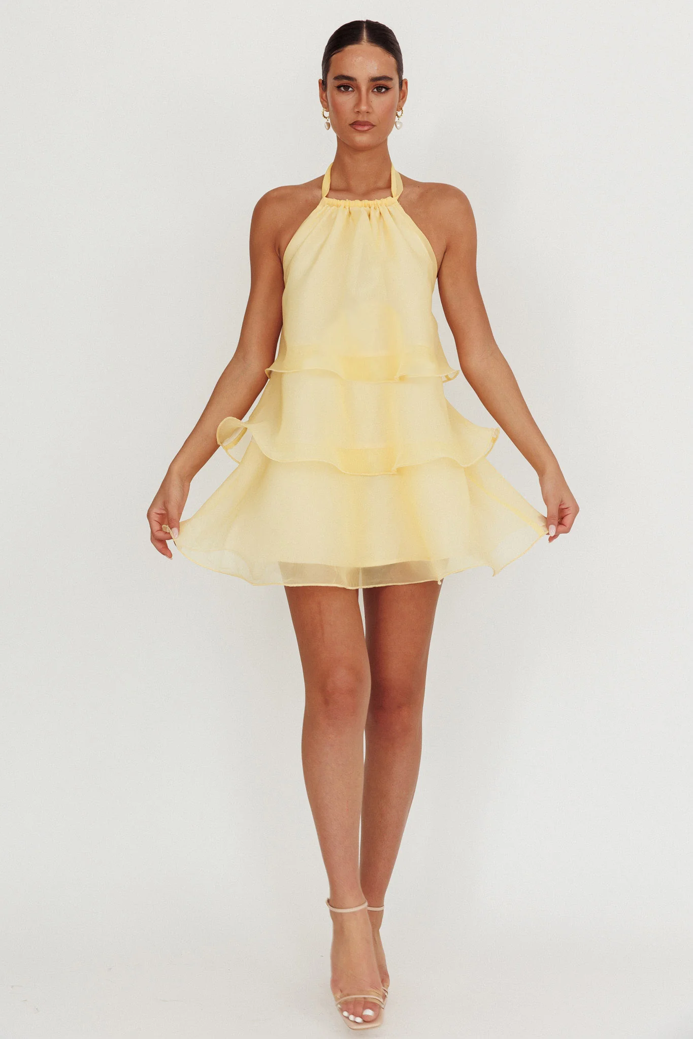 Tulips Tiered Halterneck Mini Dress Lemon - Image 4