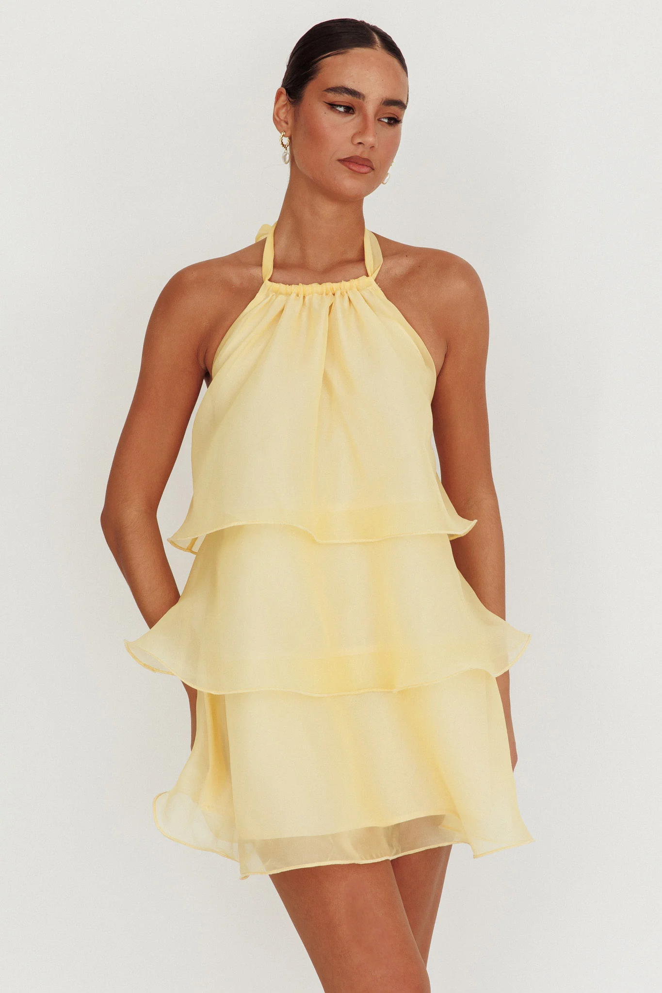 Tulips Tiered Halterneck Mini Dress Lemon - Image 5