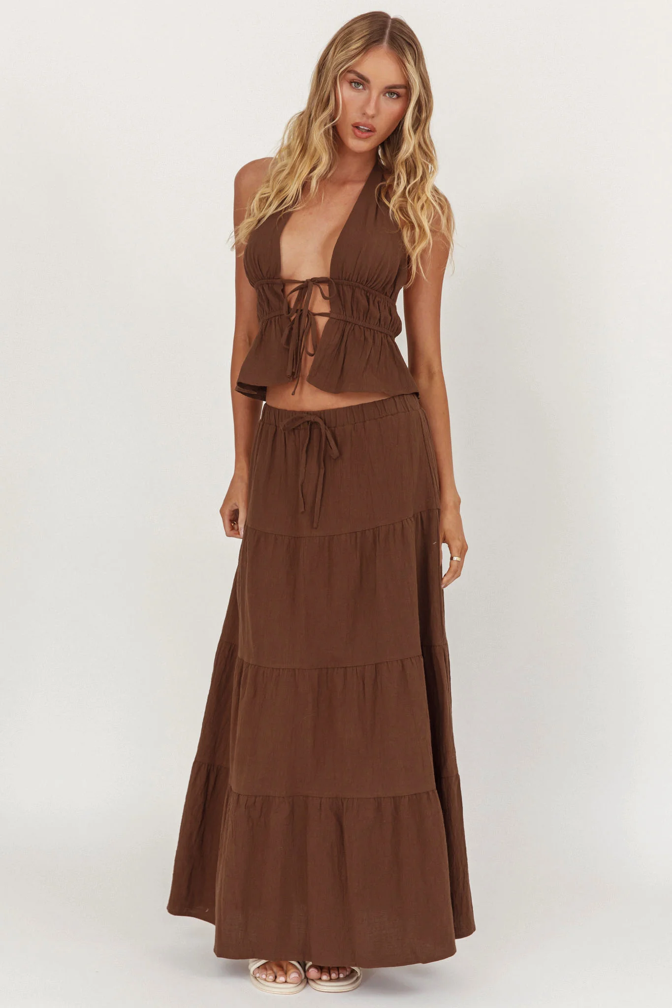 Under The Moons Tied Front Halter Top Cocoa - Image 4