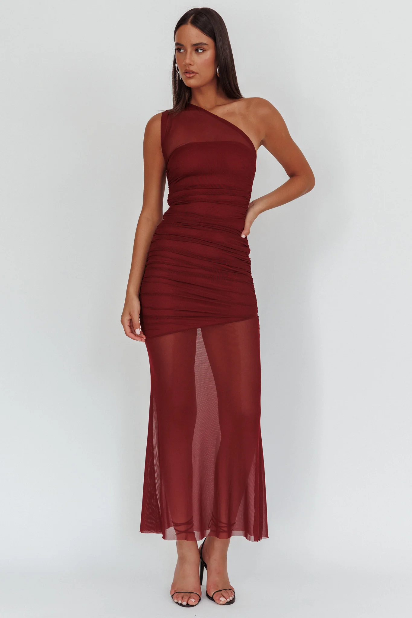 Verity One-Shoulder Sheer Maxi Dress Wine - Image 5